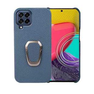 For Samsung Galaxy M53 5G Ring Holder Litchi Texture Genuine Leather Phone Case(Blue)