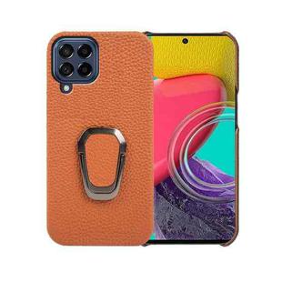 For Samsung Galaxy M53 5G Ring Holder Litchi Texture Genuine Leather Phone Case(Brown)