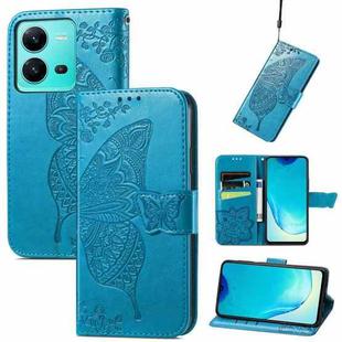 For vivo V25 Butterfly Love Flower Embossed Leather Phone Case(Blue)