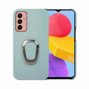 For Samsung Galaxy M13 4G Ring Holder Litchi Texture Genuine Leather Phone Case(Cyan)