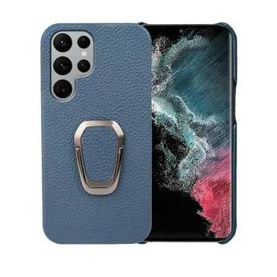 For Samsung Galaxy S22 Ultra 5G Ring Holder Litchi Texture Genuine Leather Phone Case(Blue)