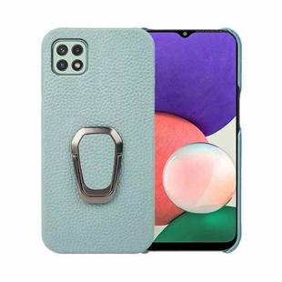 For Samsung Galaxy A22 5G/F42 5G Ring Holder Litchi Texture Genuine Leather Phone Case(Cyan)