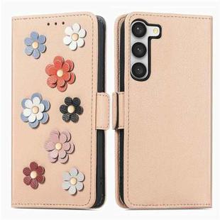 For Samsung Galaxy S23+ 5G Stereoscopic Flowers Leather Phone Case(Khaki)
