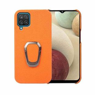 For Samsung Galaxy A12 Ring Holder Litchi Texture Genuine Leather Phone Case(Yellow)
