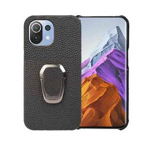 For Xiaomi Mi 11 Pro Ring Holder Litchi Texture Genuine Leather Phone Case(Black)