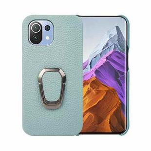 For Xiaomi Mi 11 Pro Ring Holder Litchi Texture Genuine Leather Phone Case(Cyan)