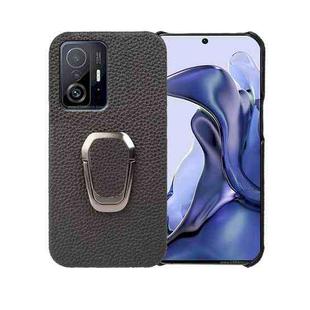 For Xiaomi Mi 11T / 11T Pro Ring Holder Litchi Texture Genuine Leather Phone Case(Black)
