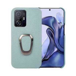 For Xiaomi Mi 11T / 11T Pro Ring Holder Litchi Texture Genuine Leather Phone Case(Cyan)