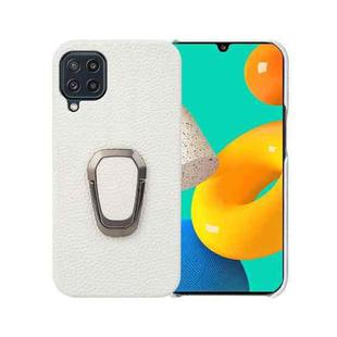 For Samsung Galaxy M32 Ring Holder Litchi Texture Genuine Leather Phone Case(White)