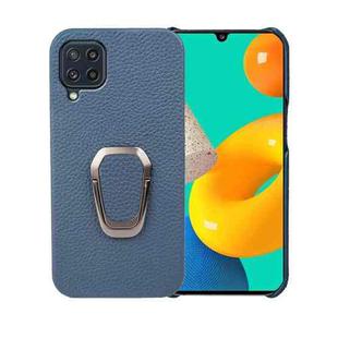 For Samsung Galaxy M32 Ring Holder Litchi Texture Genuine Leather Phone Case(Blue)