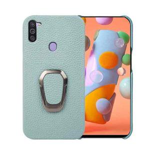 For Samsung Galaxy A11 US Version Ring Holder Litchi Texture Genuine Leather Phone Case(Cyan)