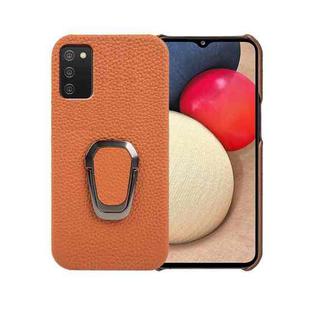 For Samsung Galaxy A02s EU Version Ring Holder Litchi Texture Genuine Leather Phone Case(Brown)