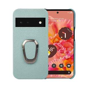 For Google Pixel 6 Ring Holder Litchi Texture Genuine Leather Phone Case(Cyan)