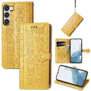 For Samsung Galaxy S23 5G Cute Cat and Dog Embossed Leather Phone Case(Yellow)