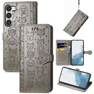 For Samsung Galaxy S23 5G Cute Cat and Dog Embossed Leather Phone Case(Gray)