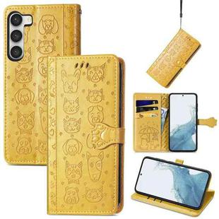 For Samsung Galaxy S23 Ultra 5G Cute Cat and Dog Embossed Leather Phone Case(Yellow)