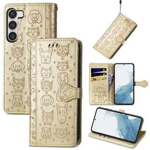 For Samsung Galaxy S23 Ultra 5G Cute Cat and Dog Embossed Leather Phone Case(Gold)