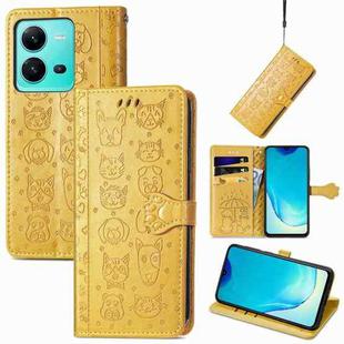 For vivo V25 Cute Cat and Dog Embossed Leather Phone Case(Yellow)