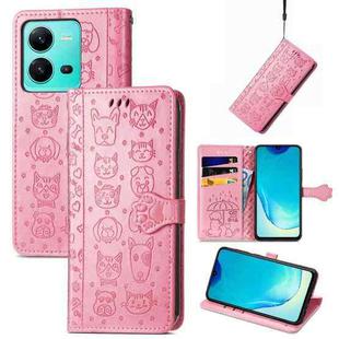 For vivo V25 Cute Cat and Dog Embossed Leather Phone Case(Pink)