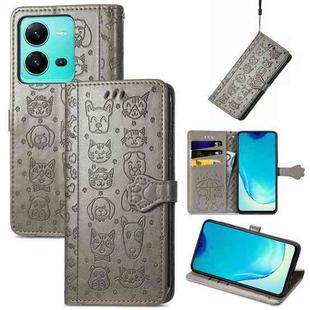 For vivo V25 Cute Cat and Dog Embossed Leather Phone Case(Gray)