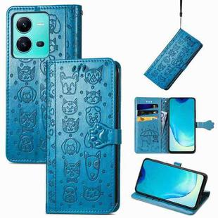 For vivo V25 Cute Cat and Dog Embossed Leather Phone Case(Blue)