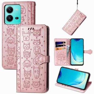 For vivo V25 Cute Cat and Dog Embossed Leather Phone Case(Rose Gold)