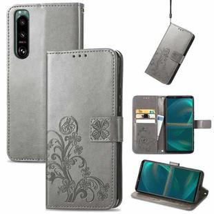 For Sony Xperia 5 IV Four-leaf Clasp Embossed Buckle Leather Phone Case(Gray)