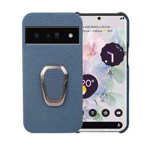 For Google Pixel 6 Pro Ring Holder Litchi Texture Genuine Leather Phone Case(Blue)
