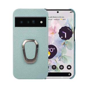 For Google Pixel 6 Pro Ring Holder Litchi Texture Genuine Leather Phone Case(Cyan)
