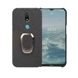 For Nokia 2.4 Ring Holder Litchi Texture Genuine Leather Phone Case(Black)