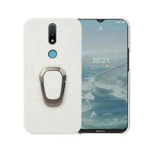 For Nokia 2.4 Ring Holder Litchi Texture Genuine Leather Phone Case(White)