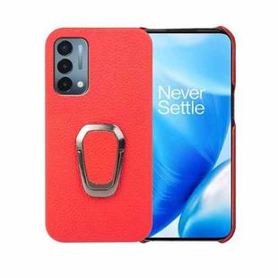 For OnePlus Nord N200 5G Ring Holder Litchi Texture Genuine Leather Phone Case(Red)