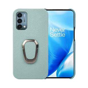 For OnePlus Nord N200 5G Ring Holder Litchi Texture Genuine Leather Phone Case(Cyan)