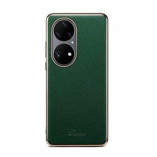 Suteni Litchi Leather Electroplated Soft Edge Phone Case For Huawei P50 Pro(Green)