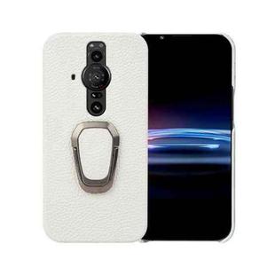 For Sony Xperia Pro-l Ring Holder Litchi Texture Genuine Leather Phone Case(White)