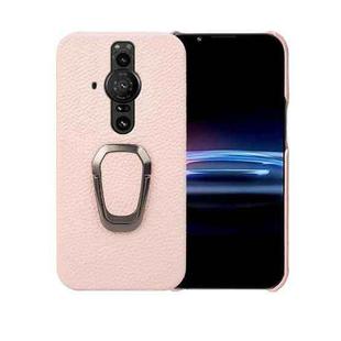 For Sony Xperia Pro-l Ring Holder Litchi Texture Genuine Leather Phone Case(Pink)