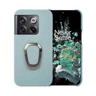 For OnePlus Ace Pro Ring Holder Litchi Texture Genuine Leather Phone Case(Cyan)