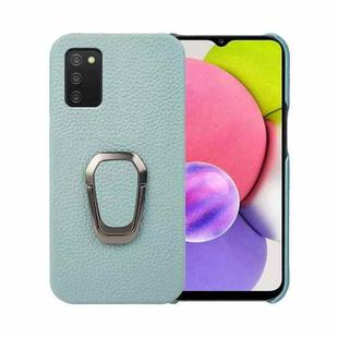 For Samsung Galaxy A03s Ring Holder Litchi Texture Genuine Leather Phone Case(Cyan)