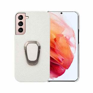 For Samsung Galaxy S21 Ring Holder Litchi Texture Genuine Leather Phone Case(White)