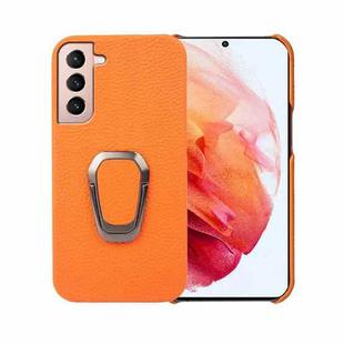 For Samsung Galaxy S21 Ring Holder Litchi Texture Genuine Leather Phone Case(Yellow)