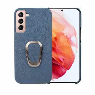 For Samsung Galaxy S21 Ring Holder Litchi Texture Genuine Leather Phone Case(Blue)