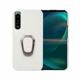 For Sony Xperia 5 III Ring Holder Litchi Texture Genuine Leather Phone Case(White)