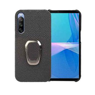 For Sony Xperia 10 lll Ring Holder Litchi Texture Genuine Leather Phone Case(Black)