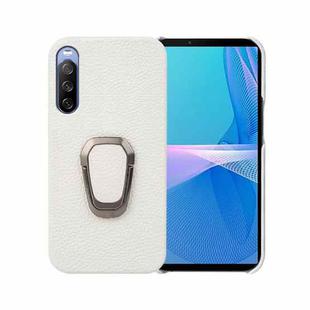 For Sony Xperia 10 lll Ring Holder Litchi Texture Genuine Leather Phone Case(White)