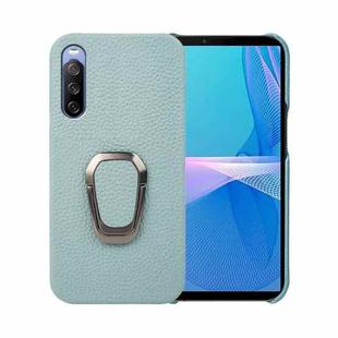 For Sony Xperia 10 lll Ring Holder Litchi Texture Genuine Leather Phone Case(Cyan)