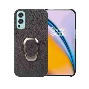 For OnePlus Nord 2 5G Ring Holder Litchi Texture Genuine Leather Phone Case(Black)