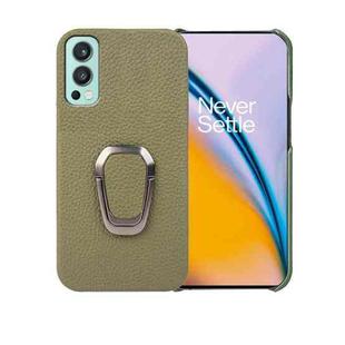 For OnePlus Nord 2 5G Ring Holder Litchi Texture Genuine Leather Phone Case(Green)