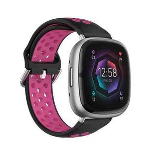 For Fitbit Sense 2 Two-Color Perforated Breathable Silicone Watch Band(Black+Rose Red)