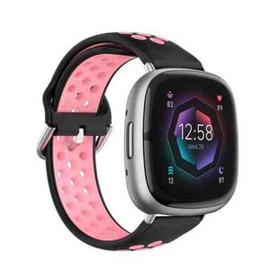 For Fitbit Sense Two-Color Perforated Breathable Silicone Watch Band(Black+Pink)