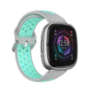 For Fitbit Sense Two-Color Perforated Breathable Silicone Watch Band(Grey+Teal)
